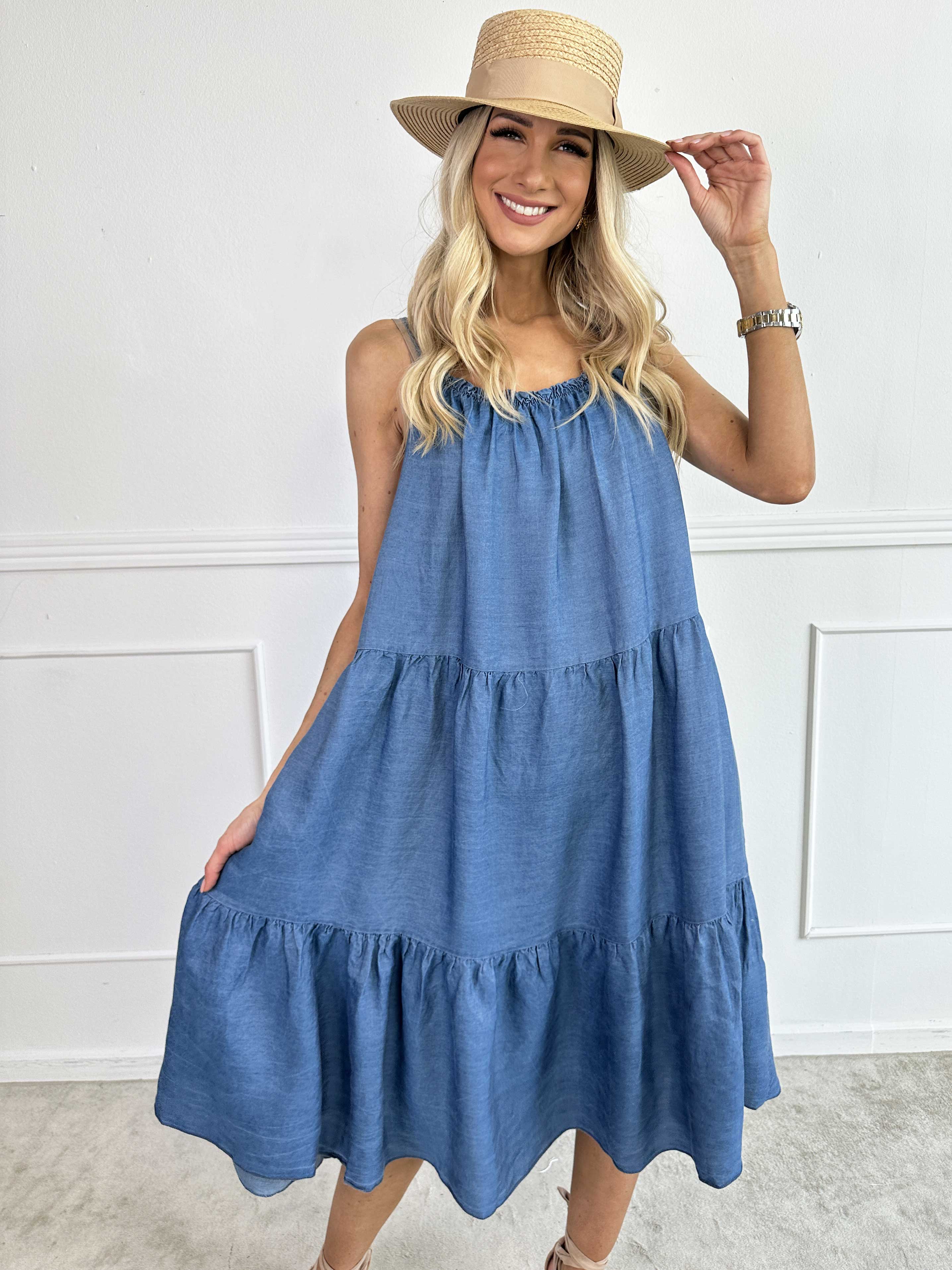 Lyla - Lang lag på lag stropkjole i denim